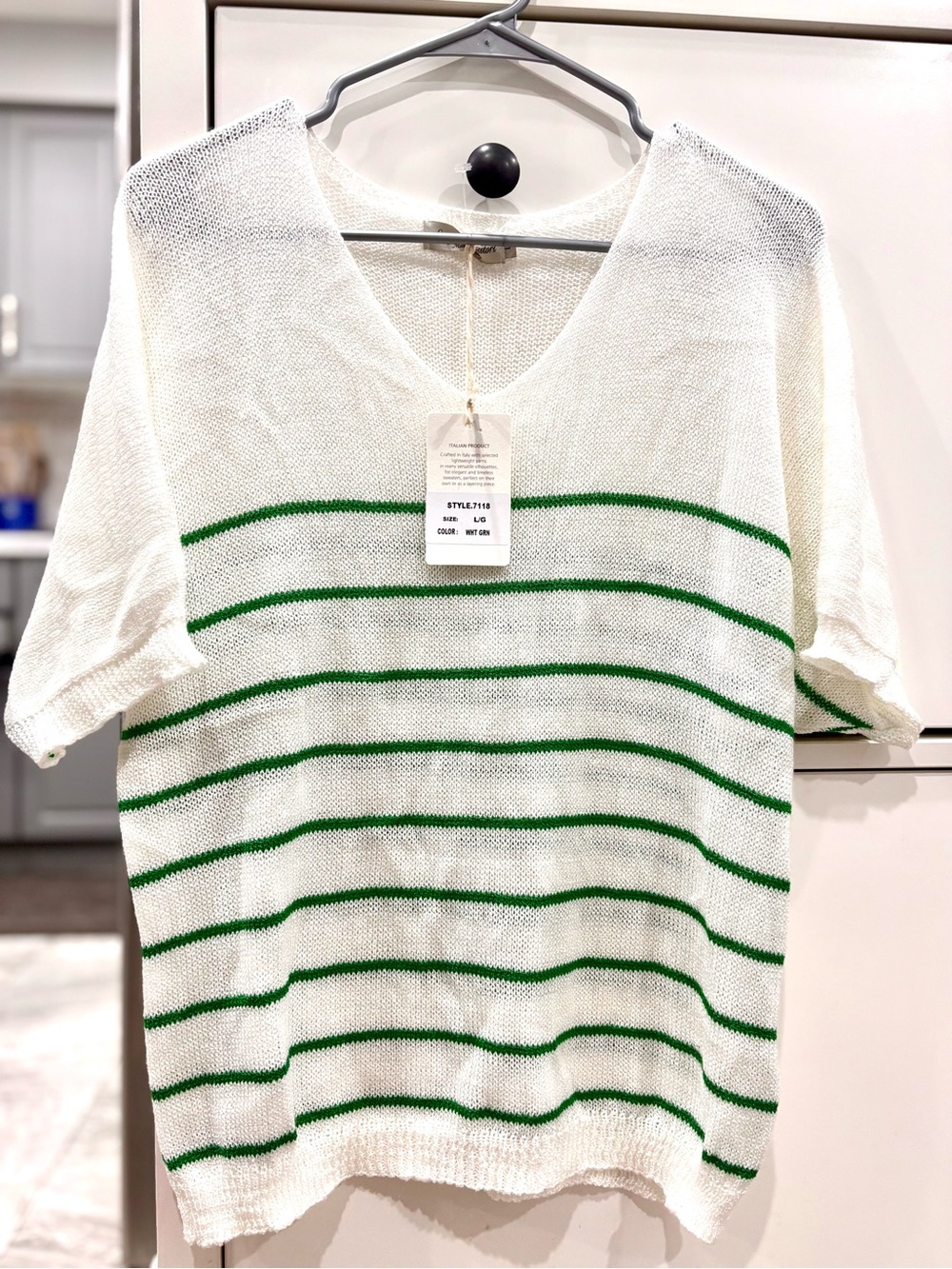 Made in Italy White V-Neck Short Sleeve Sweater with Green Stripes